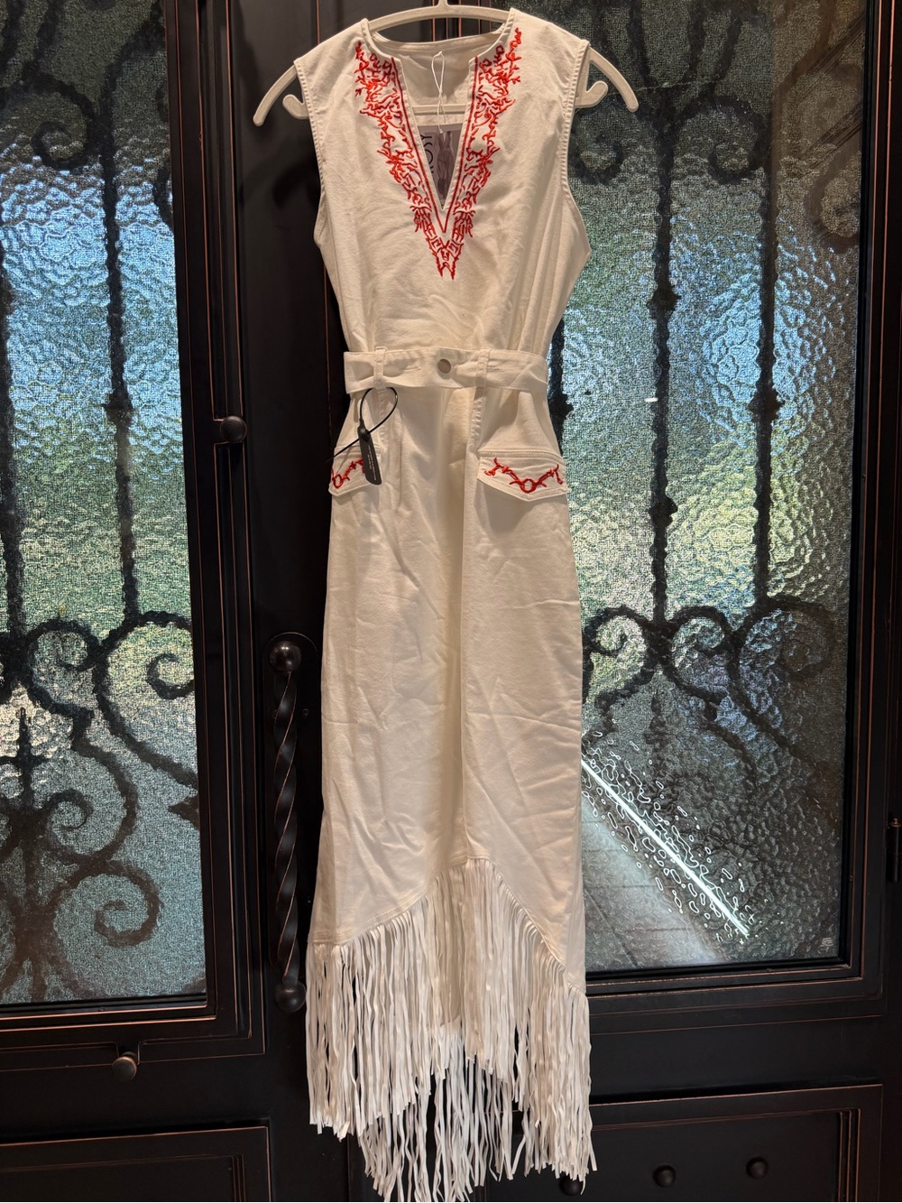Oyrosy- White Sleeveless Midi Dress with Red Embroidery and Fringe NWT
